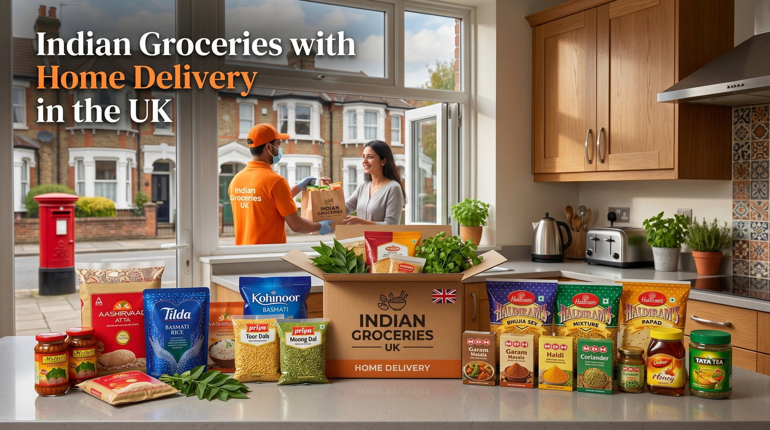 Which online stores offer Indian groceries with home delivery?