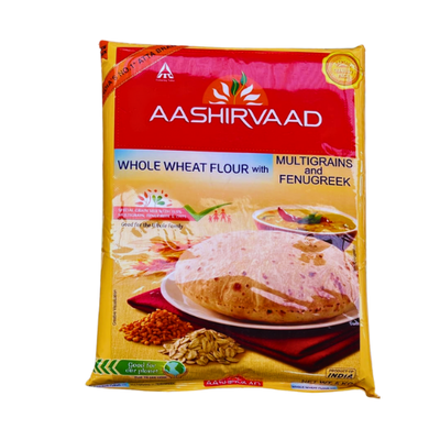 Aashirvaad Multigrains & Fenugreek Atta 5kg – Nutritious flour for healthy chapatis.