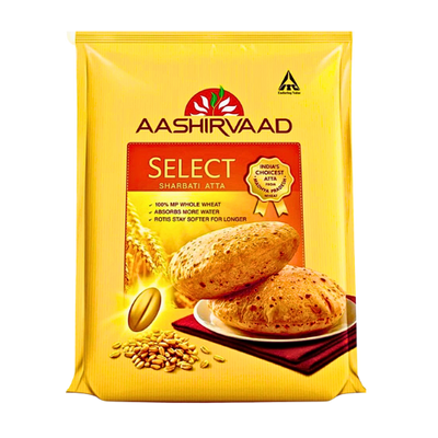Aashirvaad Select Sharbati Atta 5kg – Premium whole wheat flour for soft and fluffy rotis.