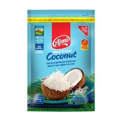 Ajmi Frozen Grated Coconut 400g – Freshly grated coconut for Indian cooking.