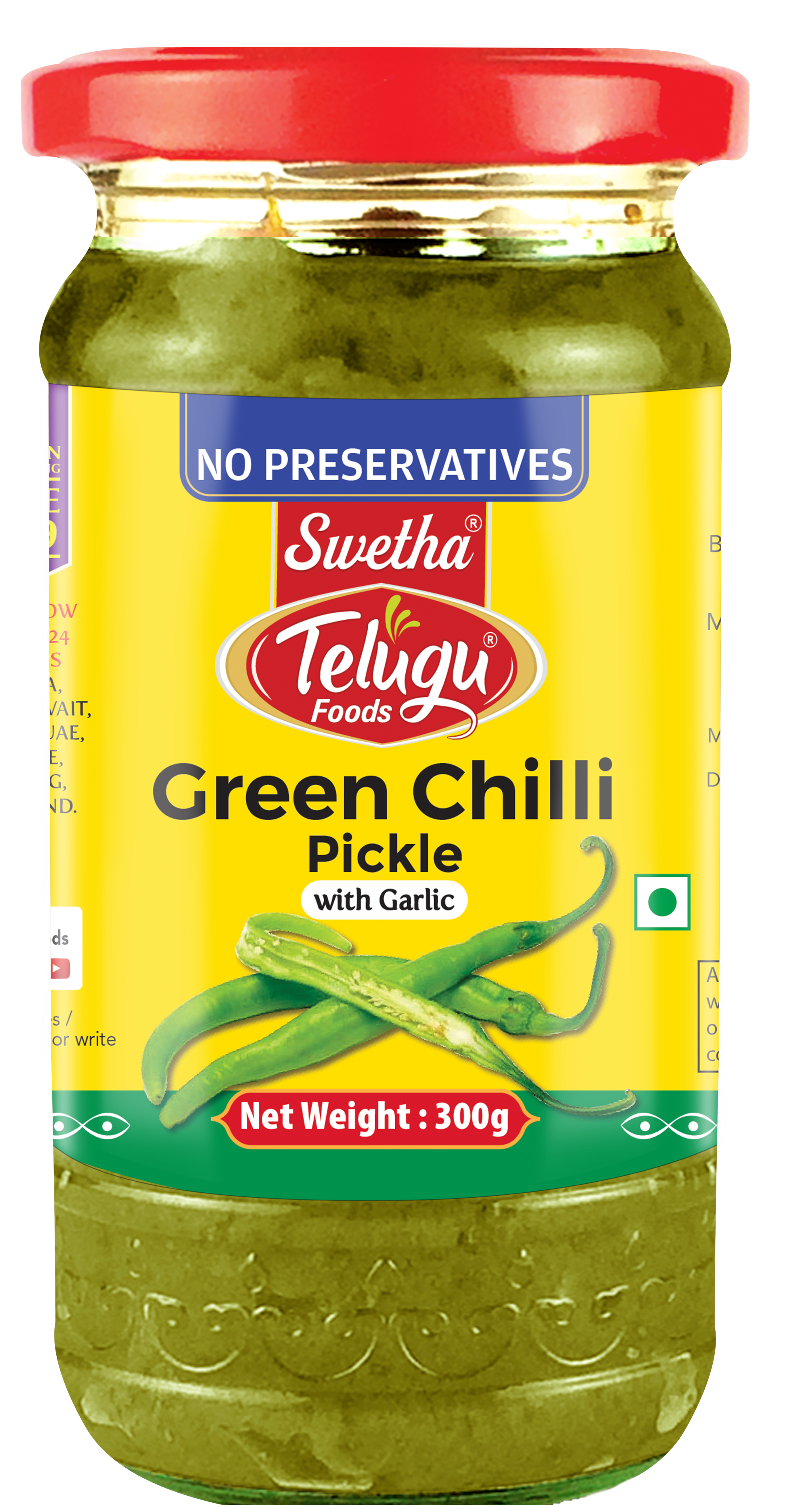 SWETHA-TELUGU FOODS-GREEN CHILLI PICKLE (WITH GARLIC)-300G