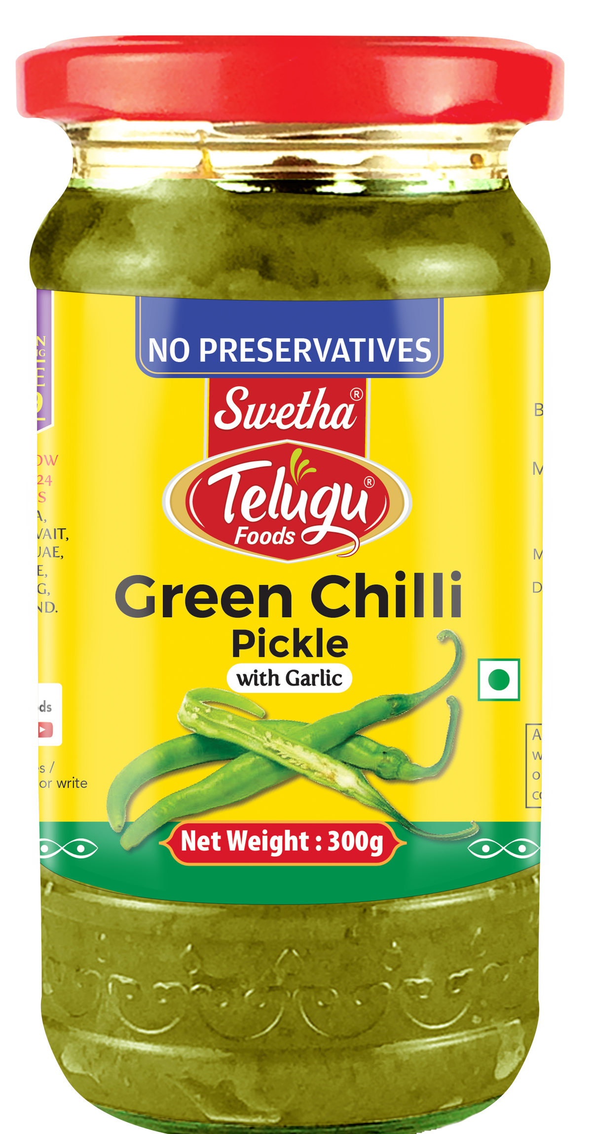 SWETHA-TELUGU FOODS-GREEN CHILLI PICKLE (WITH GARLIC)-300G
