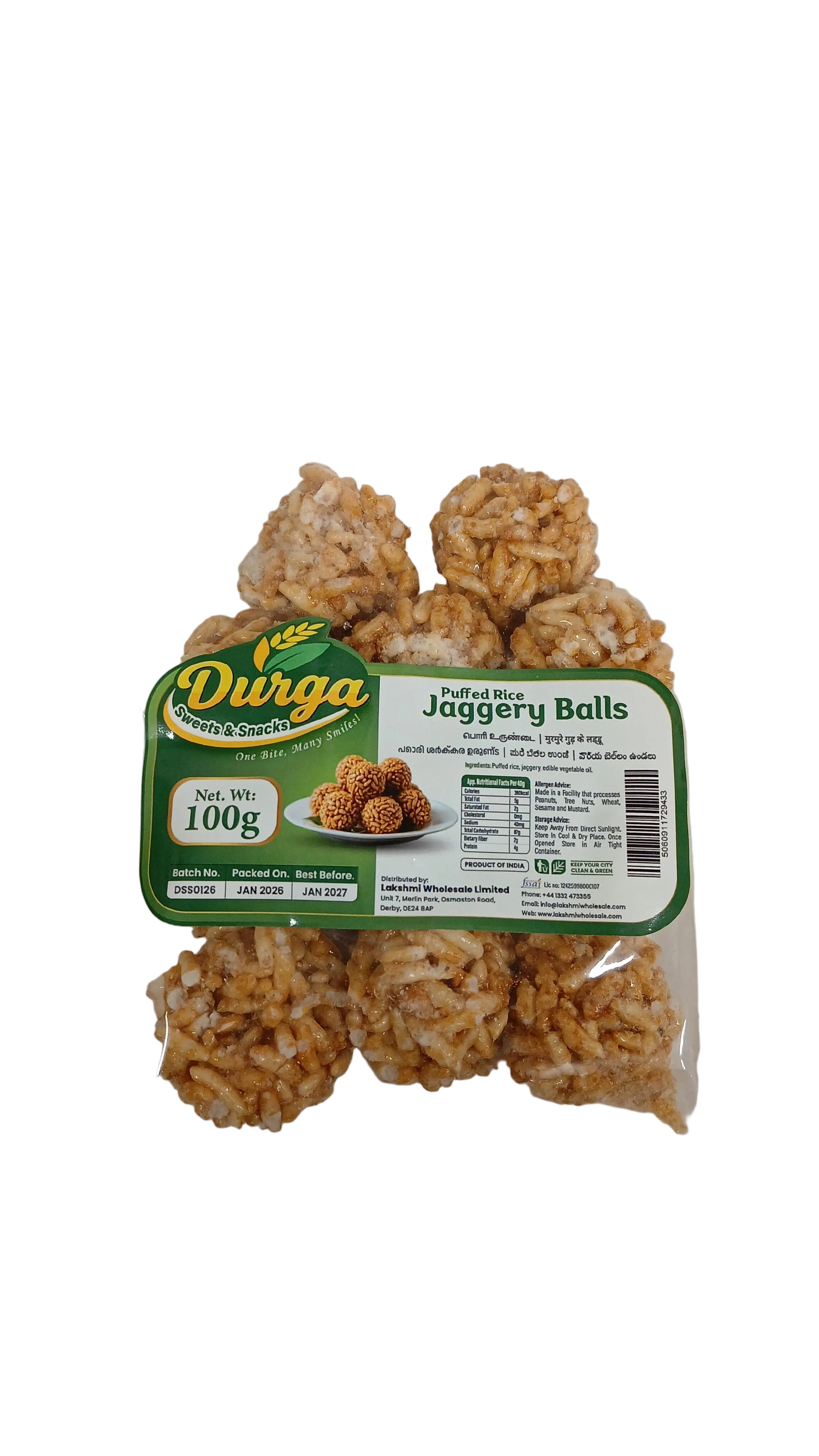 DURGA SWEETS & SNACKS JAGGERY  PUFFED RICE BALLS 100G