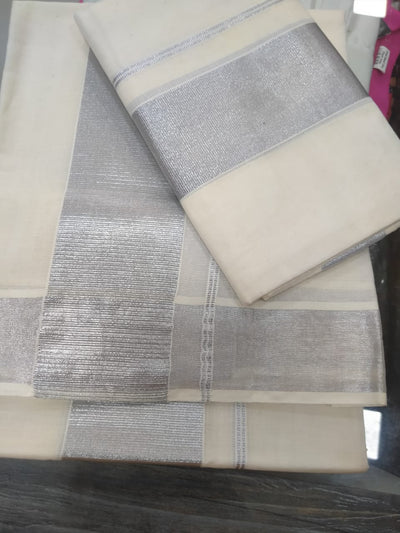 Set Mundu Tissue Silk silver color Online from Lakshmi Stores, UK