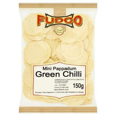 Buy FUDCO MINI PAPADUM GREEN CHILLI URAD Online in UK